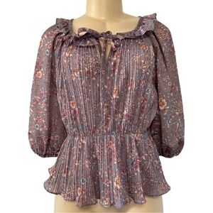 Vintage 70s Gray Floral Keyhole Ruffled Pleated Peplum‎ Chiffon USA Union Made